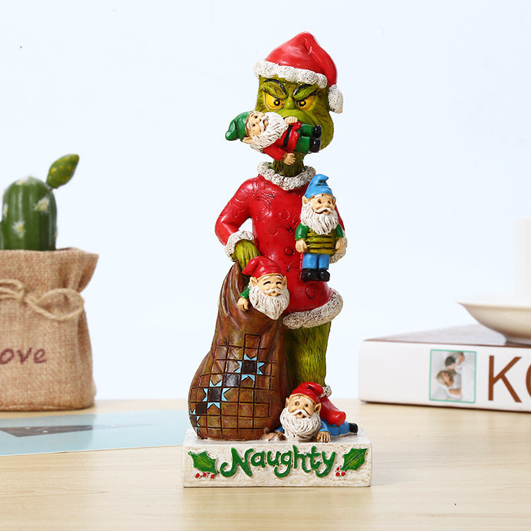 Dekofigur Weihnachtsmann Grinch mit Gartenzwergen