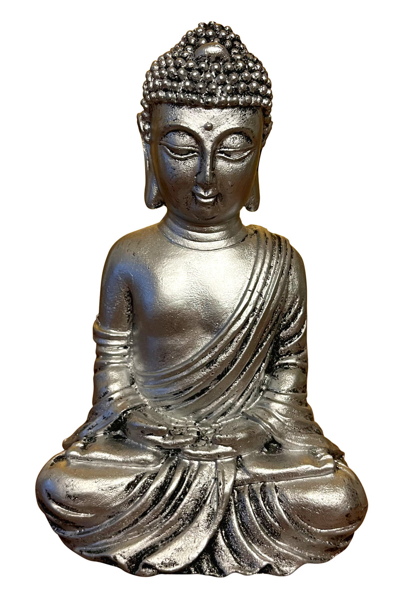 Dekofigur Gartenfigur Statue Buddha Silber Kunstharz SEWAS