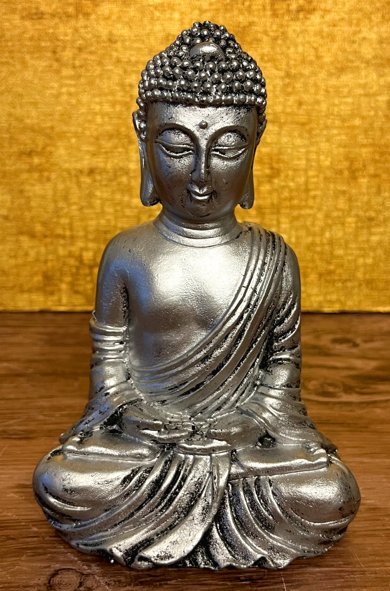 Dekofigur Gartenfigur Statue Buddha Silber Kunstharz SEWAS