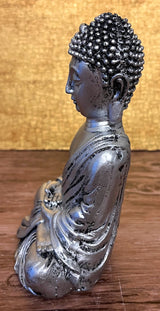 Dekofigur Gartenfigur Statue Buddha Silber Kunstharz SEWAS