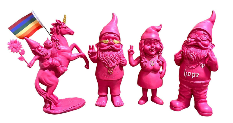 Gartenzwerge Einhorn Hippie Rocker Stinkefinger Gartenzwergin Rosa Pink Gold SEWAS