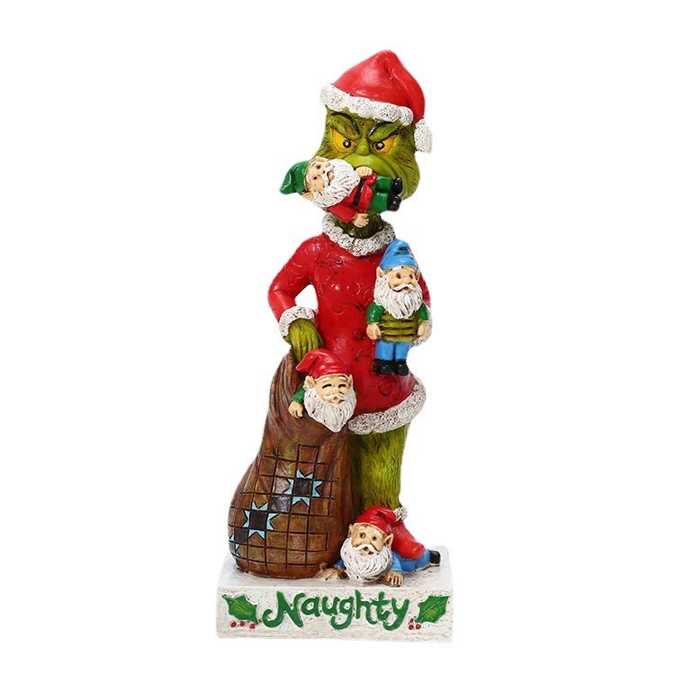 Dekofigur Weihnachtsmann Grinch mit Gartenzwergen