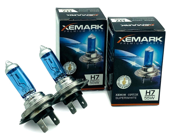 H7 Halogen Lampen Birnen Xenon Optik Blau Weiss 8500K Leuchtmittel LED VW Audi Skoda BMW Mercedes Smart Polo Golf Peugeot Renault XEMARK 12V